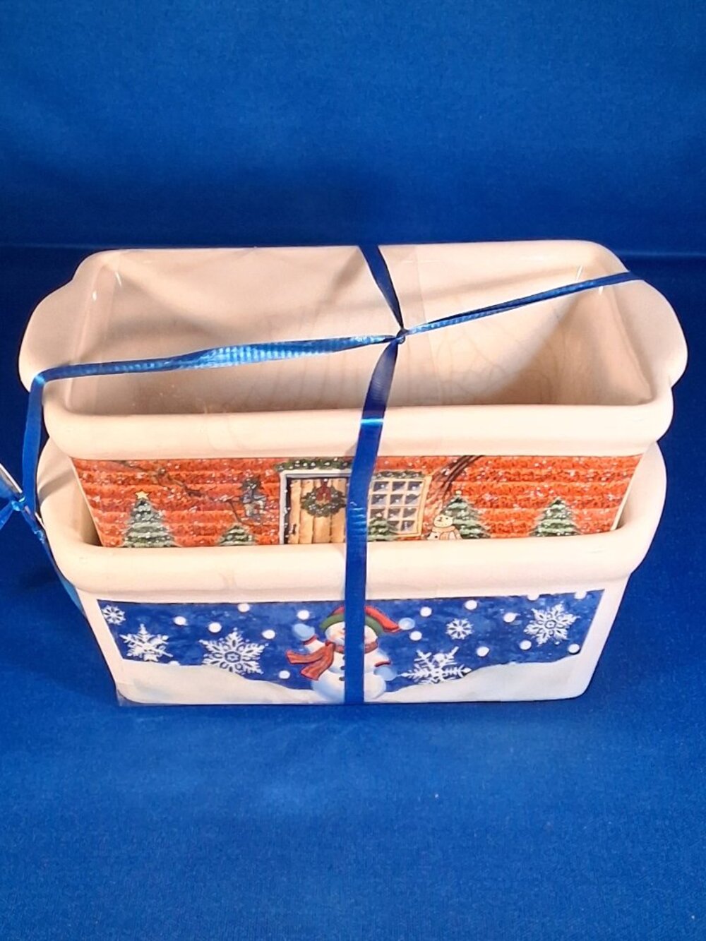 Century Ceramic Loaf Pan Baking Dishes Set of 2 • Christmas Snowman Winter Cabin
